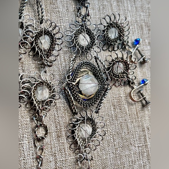 RARE Estate Find! ANTIQUE silver filigree JEWELRY SET PEACOCK SAPPHIRE BLUE - Picture 7 of 7